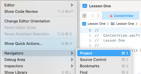 Xcode Editor menu showing options including Show Code Review, Change Editor Orientation, and Show Quick Actions, with Navigators submenu expanded below.